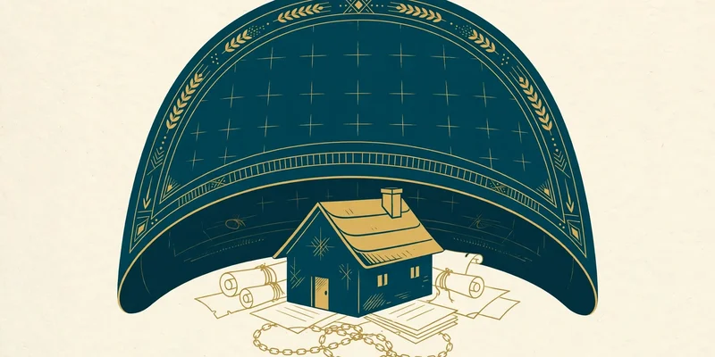 A protective shield sheltering a small house from hidden lien documents underneath it