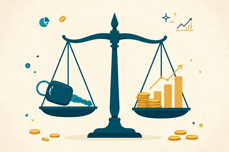 Flat fintech illustration in deep teal and gold: a balance scale weighing a teal car key on one side against gold coins and a rising investment chart on the other, on a pale cream background