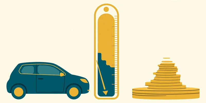 Flat fintech illustration in deep teal and gold: a stylized teal car parked beside a tall gold gauge whose needle drops toward zero while a stack of gold coins shrinks, showing a car loan being paid off early, on a pale cream background