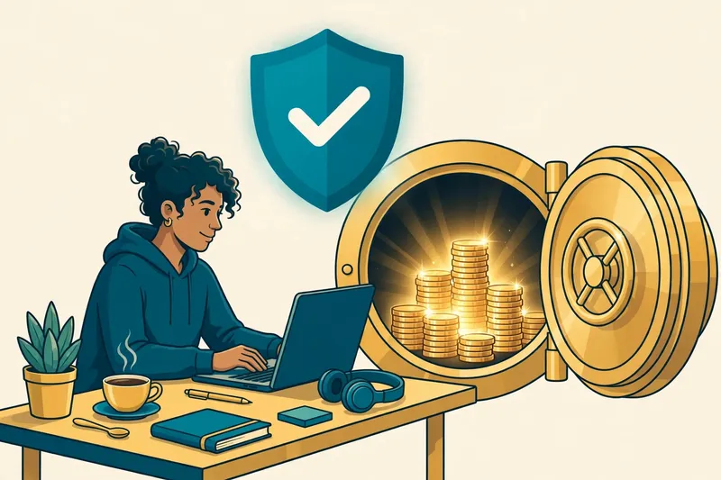 Flat fintech illustration in deep teal and gold: a confident freelancer at a desk with a laptop, a large gold vault door opening behind them revealing glowing coin stacks, a teal shield with a checkmark floating above, on a pale cream background.