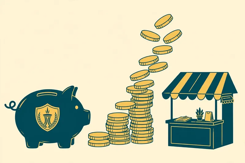 Flat fintech illustration in deep teal and gold: a dark teal piggy bank with a gold retirement shield emblem, tall stacks of rising gold coins beside it, and a small one-person storefront desk with a striped awning, on a pale cream background.