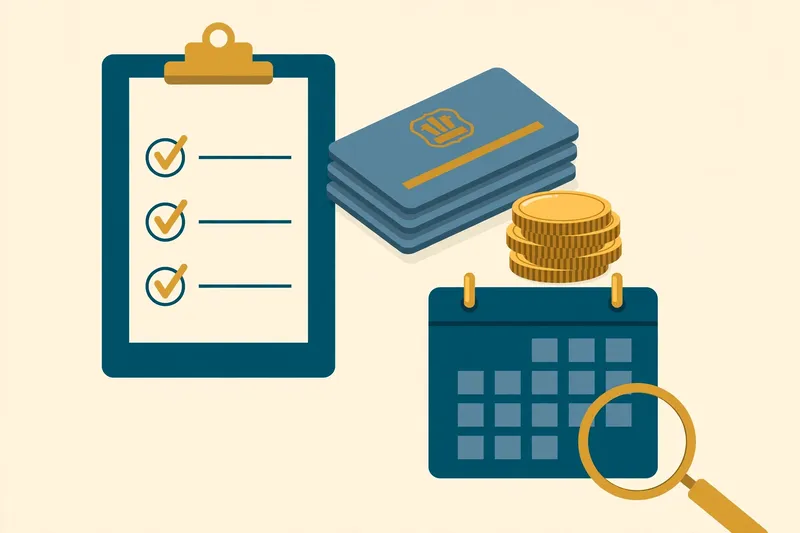 Flat fintech illustration in deep teal and gold: a teal clipboard checklist with gold checkmarks beside stacked blue Social Security cards, gold coins, a teal calendar page, and a gold magnifying glass, on a pale cream background.
