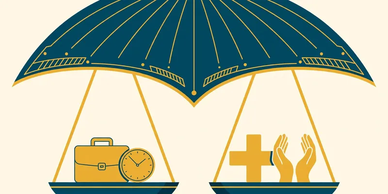 Flat fintech illustration in deep teal and gold: two balance scales side by side under a large shield umbrella, one scale holding a gold worker's briefcase and clock, the other holding a gold medical cross and helping hands, on a pale cream background.