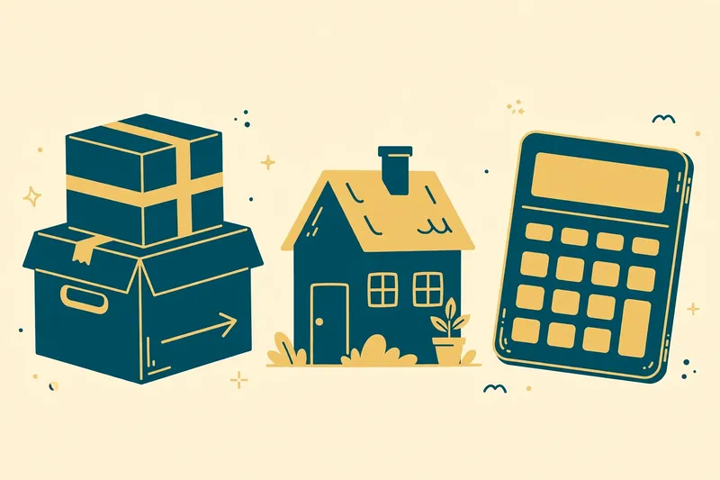 A flat illustration of moving boxes, a small house, and a calculator in deep teal and gold on a pale cream background