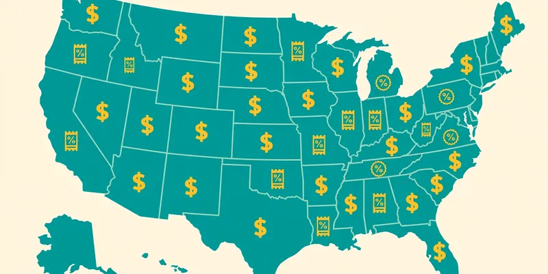 A flat illustration of a United States map made of teal state shapes with gold dollar signs and tax symbols, on a pale cream background
