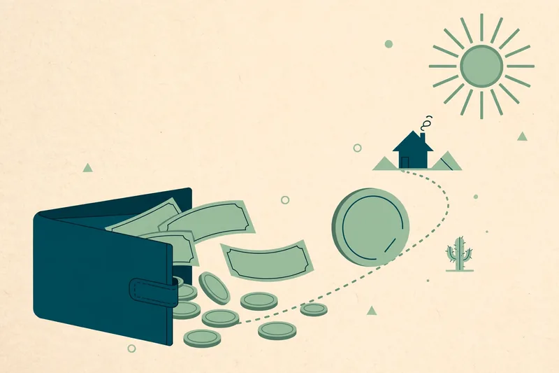 Illustration of an open wallet with banknotes and coins rolling toward a small house under a bright sun