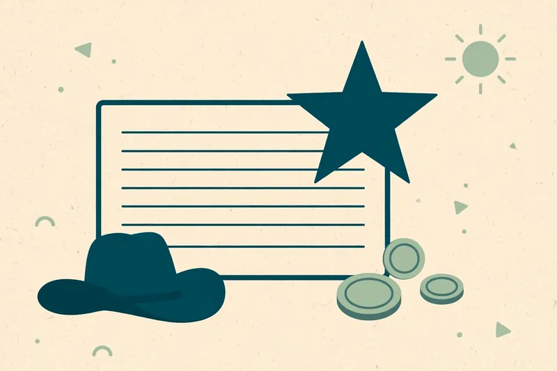 Illustration of a pay cheque with a large Texas Lone Star, coins and a cowboy hat