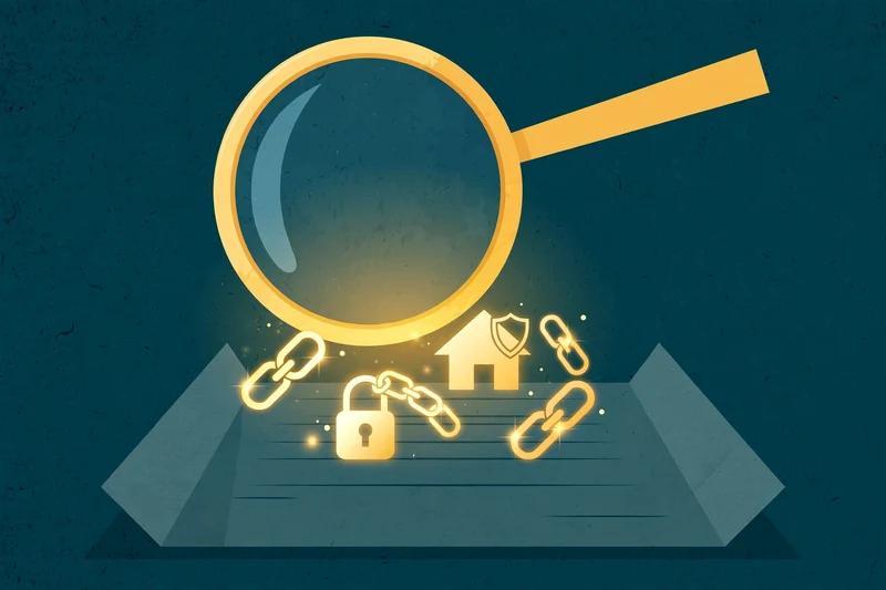 Flat fintech illustration in deep teal and gold: a magnifying glass over a property deed revealing glowing gold chain links and a lock, symbolizing hidden liens and ownership claims.