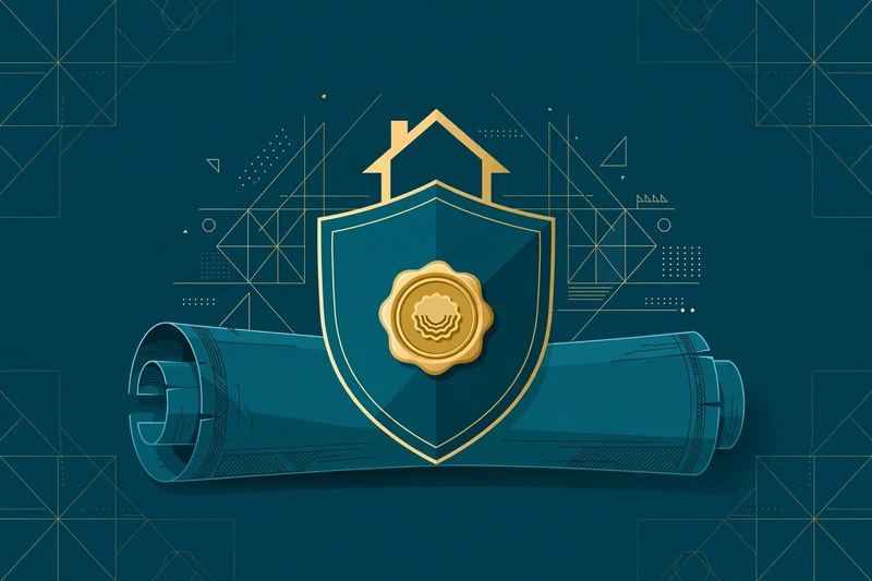 Flat fintech illustration in deep teal and gold: a property deed scroll with a teal shield emblem and a gold wax seal, a small gold house silhouette rising behind the shield.