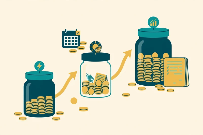 Flat fintech illustration in deep teal and gold: three savings jars of increasing size connected by rising gold arrows, with a calendar, gold coins and a checklist beside the largest jar, on a pale cream background, no text