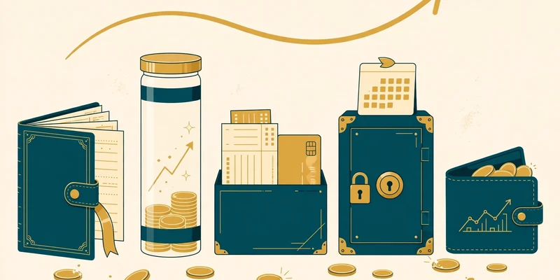 Flat fintech illustration in deep teal and gold: a traditional passbook-style account, a tall high-yield savings jar filled with gold coins, a money market account with a checkbook and gold debit card, a locked certificate of deposit vault with a calendar, and a cash management wallet, with gold coins scattered below and a rising gold arrow above, on a pale cream background, no text