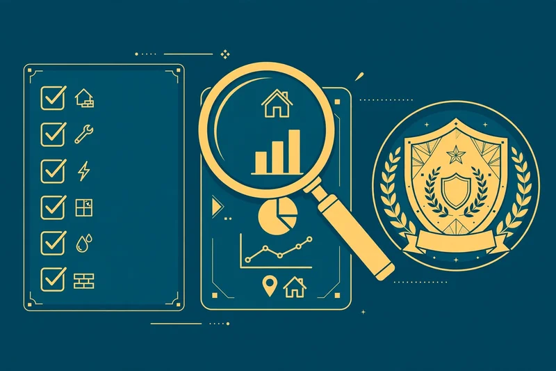 Flat fintech illustration in deep teal and gold: a home inspection checklist with gold checkmarks and a magnifying glass over an appraisal report beside a VA shield emblem.