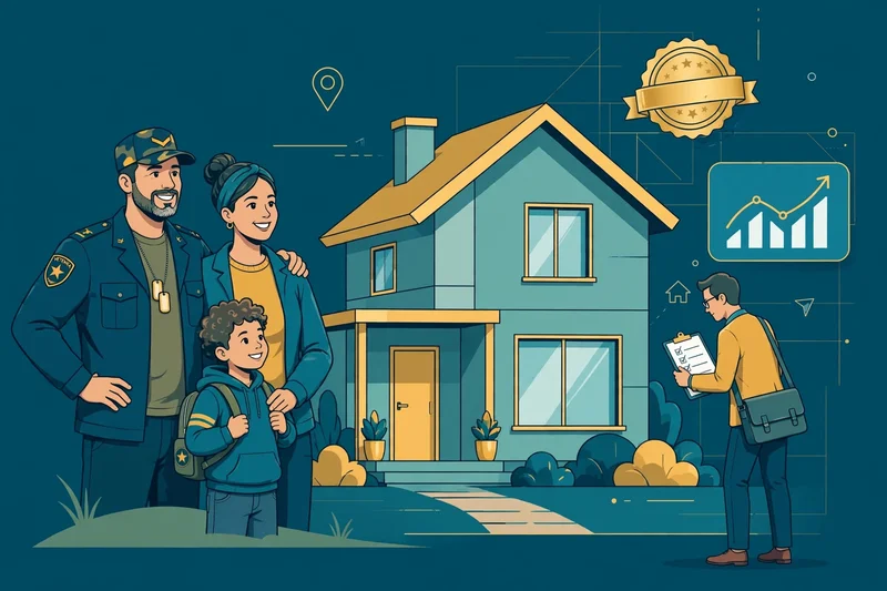 Flat fintech illustration in deep teal and gold: a veteran family before their new house while a certified appraiser with a clipboard inspects the exterior, with a gold seal of approval nearby.