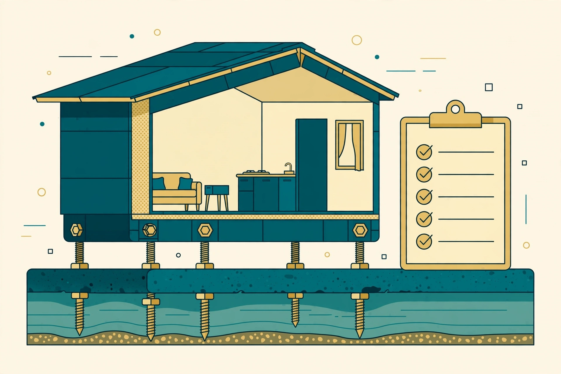 Flat fintech illustration in deep teal and gold: a cross-section view of a manufactured home anchored to a teal concrete foundation with bolts, an inspector's checklist clipboard with gold checkmarks, pale cream background, no text.