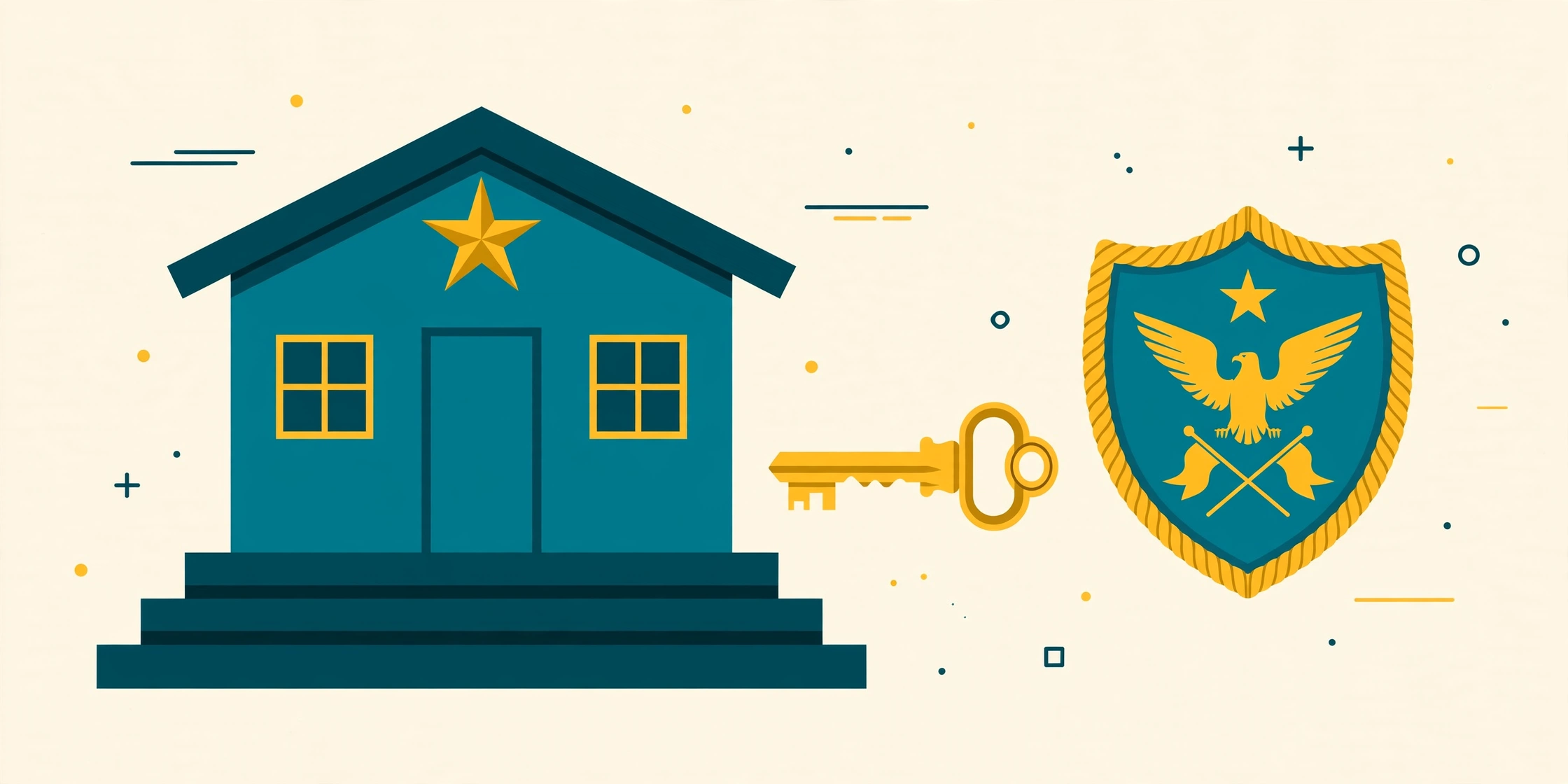 Flat fintech illustration in deep teal and gold: a teal manufactured home with a golden star emblem set on a solid teal foundation block, a golden key and VA-style shield badge beside it, pale cream background, no text.