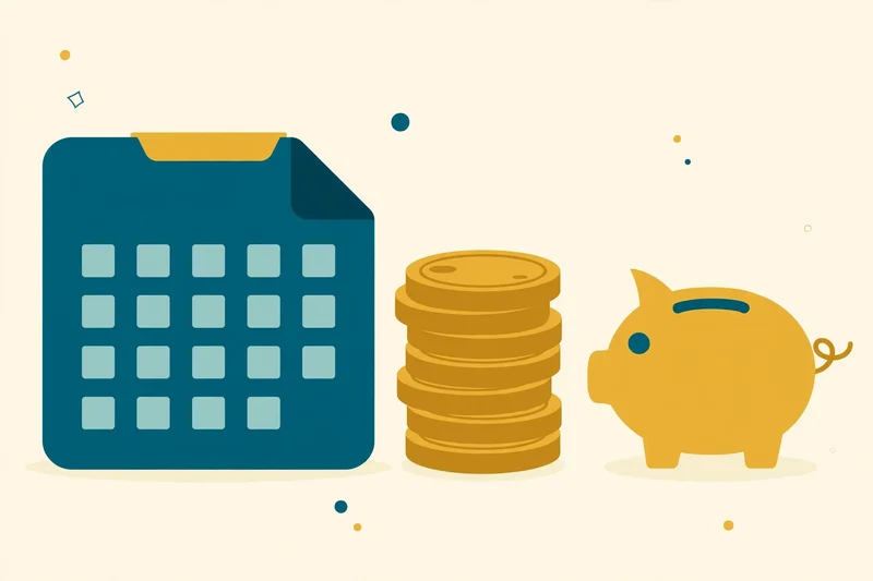 Flat fintech illustration in deep teal and gold: a calendar page beside a stack of gold coins and a small piggy bank, pale cream background, no text