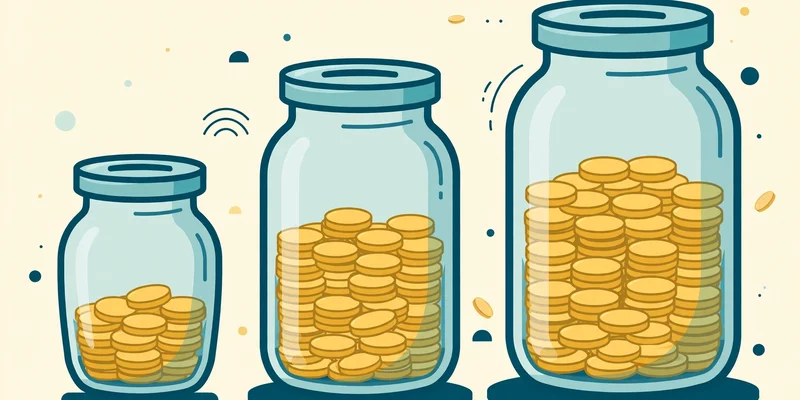Flat fintech illustration in deep teal and gold: three glass savings jars filling with gold coins for different savings goals, pale cream background, no text