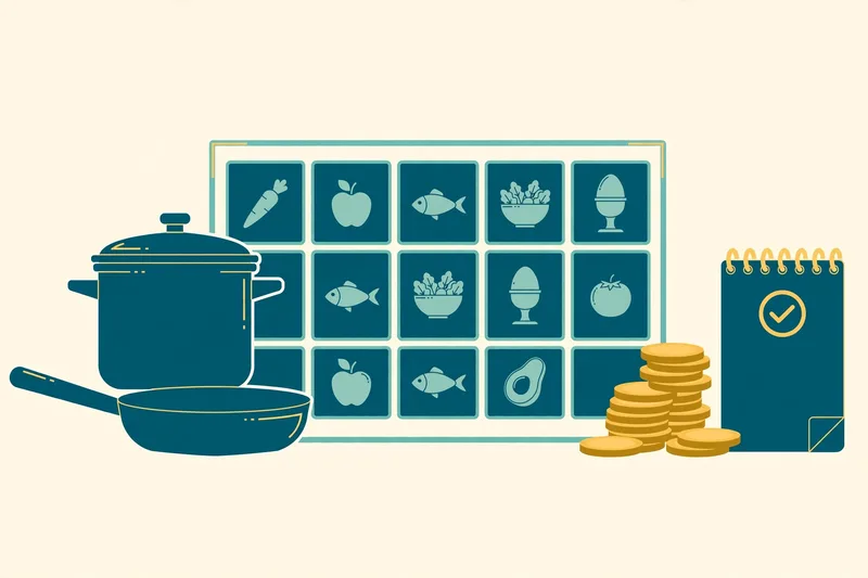 Flat fintech illustration in deep teal and gold: a weekly meal-planning calendar with food icons, a teal frying pan, and a growing pile of gold coins beside a checklist notepad, on a pale cream background, no text