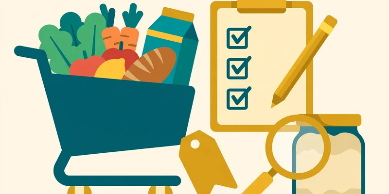 Flat fintech illustration in deep teal and gold: a teal shopping cart full of groceries beside a clipboard checklist with a gold pencil, a price tag, and a magnifying glass over a store-brand jar, on a pale cream background, no text