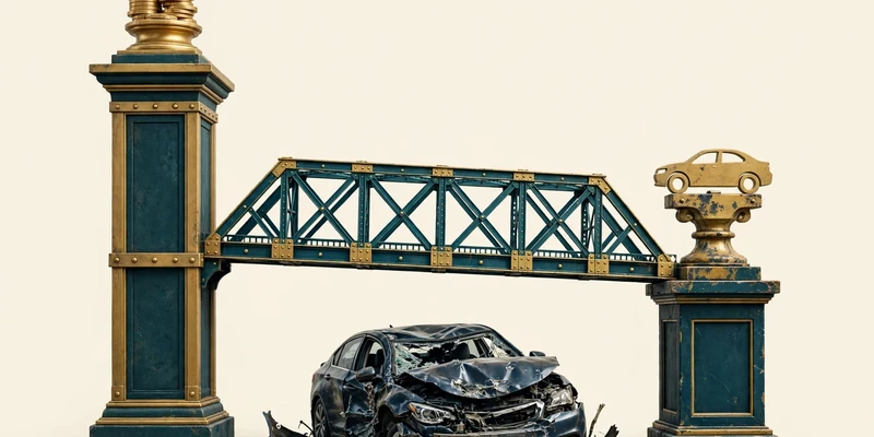 A totaled car with a bridge in deep teal and gold spanning the gap between a higher loan balance marker and a lower car value marker, on a pale cream background