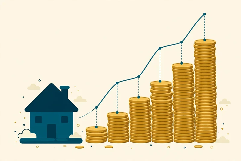 Illustration of coins stacking into a rising staircase beside a small house, representing growing penalty and interest debt
