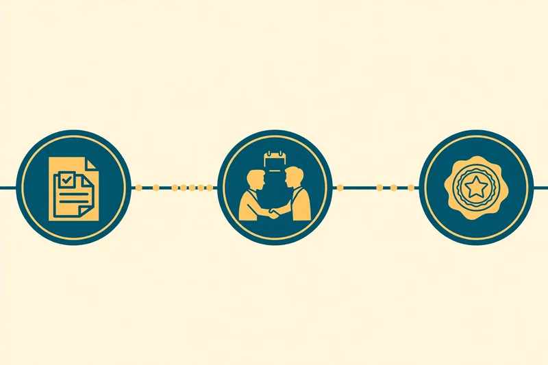 Flat fintech illustration of a calendar timeline with checkpoints: filing, a trustee meeting, and a discharge seal at the end, showing a Chapter 7 case completing in months.