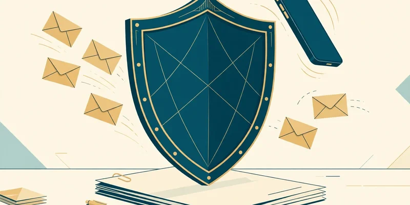 Flat fintech illustration of a court petition on a desk with a protective shield rising above it, symbolizing the automatic stay that halts collection activity.