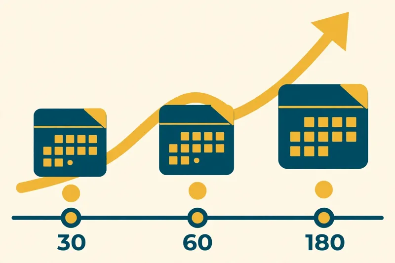 Flat fintech illustration in deep teal and gold: a calendar timeline showing day 30, day 60, and day 180 markers with a rising interest-rate arrow, on a pale cream background, no text