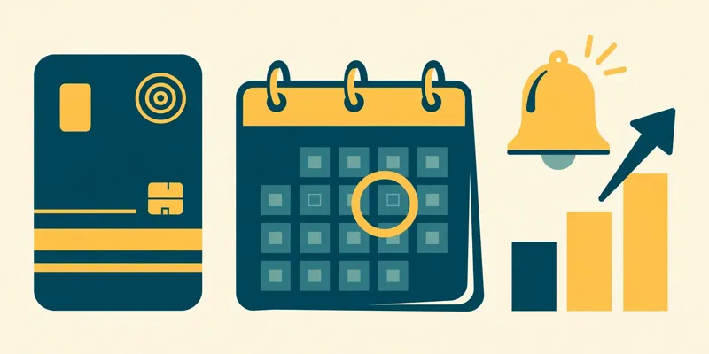 Flat fintech illustration in deep teal and gold: a credit card beside a calendar with a missed due date circled, a warning bell, and rising fee markers, on a pale cream background, no text