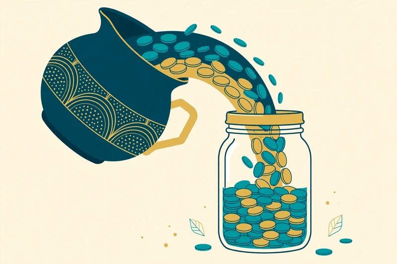 Text-free flat illustration in deep teal and gold on a pale cream background showing a single combined pot of pre-tax and after-tax IRA money being poured proportionally into a Roth IRA, minimal financial illustration style