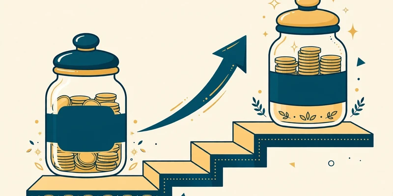 Text-free flat illustration in deep teal and gold on a pale cream background showing a two-step path from a traditional IRA jar to a Roth IRA jar with a rising arrow between them, minimal financial illustration style
