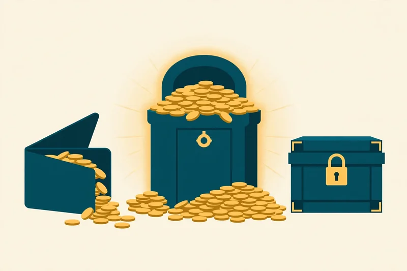 Flat fintech illustration in deep teal and gold: an open wallet, a glowing vault overflowing with gold coins, and a locked savings box, on a pale cream background, no text