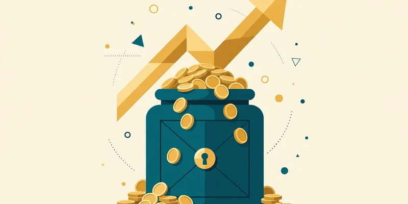 Flat fintech illustration in deep teal and gold: a teal vault overflowing with gold coins beneath a gold upward growth arrow, on a pale cream background, no text
