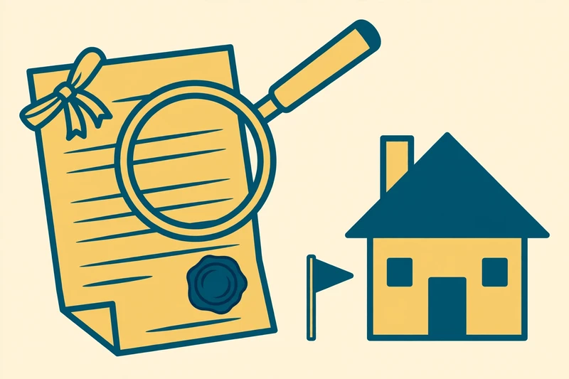 Text-free illustration in deep teal and gold on pale cream showing a magnifying glass over a deed document with a warning flag beside a house