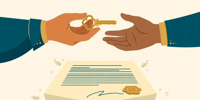 Text-free illustration in deep teal and gold on pale cream showing a house key being handed from one open hand to another above a signed deed document