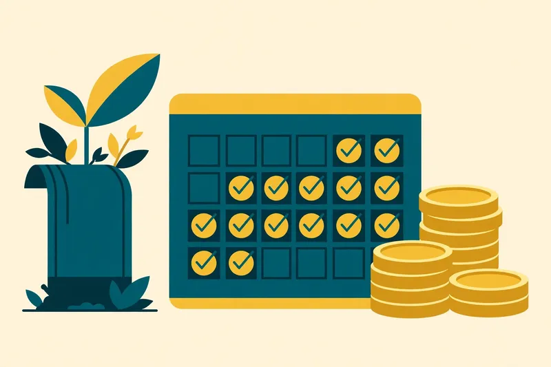 Flat illustration in deep teal and gold, no text: a small savings bond growing like a plant beside a calendar with years marked off, gold coins stacked beside it, on a pale cream background