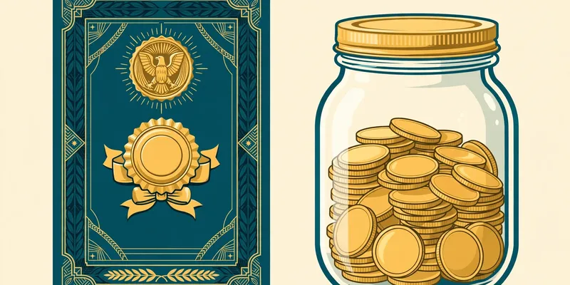 Flat illustration in deep teal and gold, no text: a US Treasury savings bond certificate with a gold seal beside a glass jar of gold coins, on a pale cream background