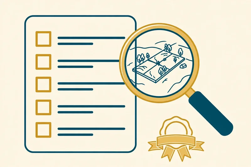 Flat fintech illustration in deep teal and gold: a checklist-style document with blank gold check boxes beside teal lines, a magnifying glass enlarging a small plot-of-land sketch, and a ribbon seal in the bottom corner, on a pale cream background, no text