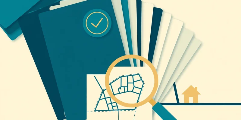 Flat fintech illustration in deep teal and gold: layered document pages fanning out like schedule sheets, one page with a teal checkmark seal, a magnifying glass over a land-parcel diagram, and a small gold house beside a boundary line, on a pale cream background, no text