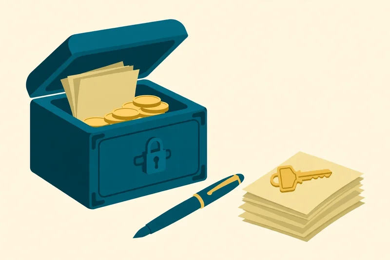 Flat fintech illustration in deep teal and gold: a teal escrow vault holding gold coins and paper documents, a fountain pen, and a gold house key resting on a document stack, on a pale cream background, no text