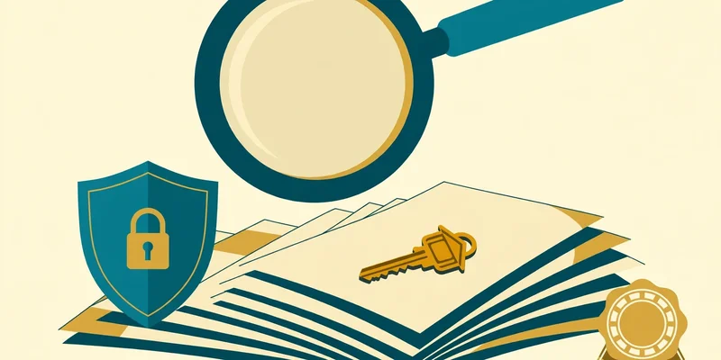 Flat fintech illustration in deep teal and gold: a magnifying glass over a stack of property documents and a deed, with a teal shield and a gold house key, on a pale cream background, no text