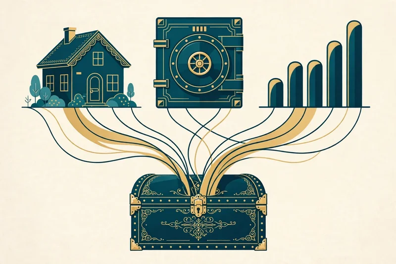 A house, a bank vault and an investment chart flowing into one large trust chest