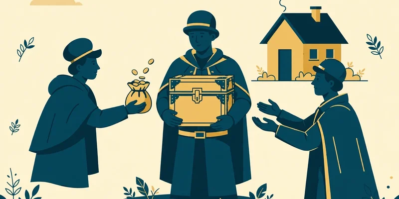 Three figures around a strongbox and a house, illustrating the grantor, trustee and beneficiary of a trust