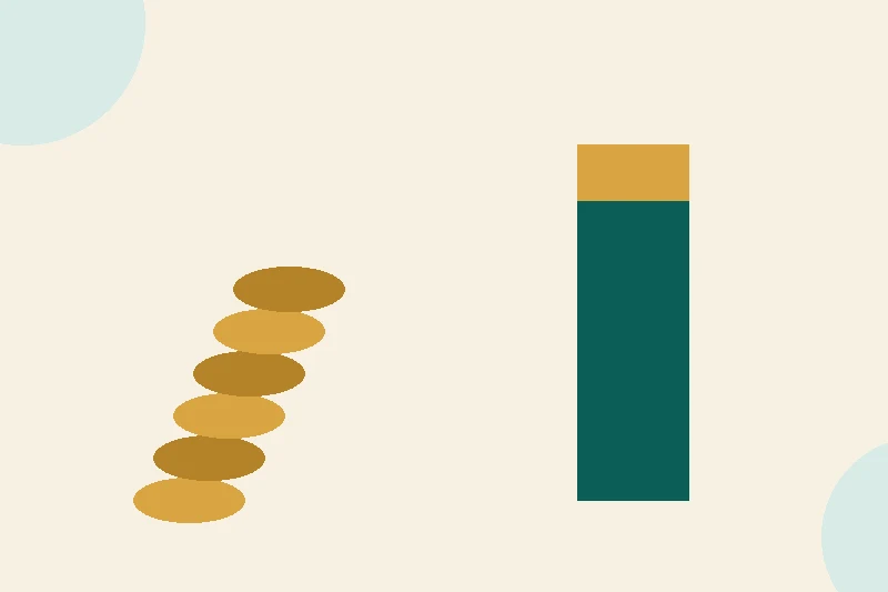 A flat illustration of an hourly wage converting into a yearly total, shown as small teal coins stacking into one tall gold column on a pale cream background