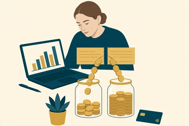 One paycheck splitting into three streams flowing toward checking, savings, and emergency fund jars