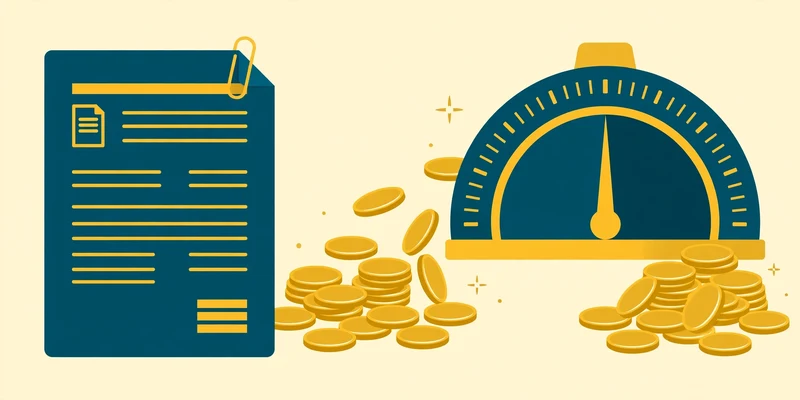 Flat fintech illustration of a pay stub and a wage-base ceiling gauge with gold coins in deep teal and gold.