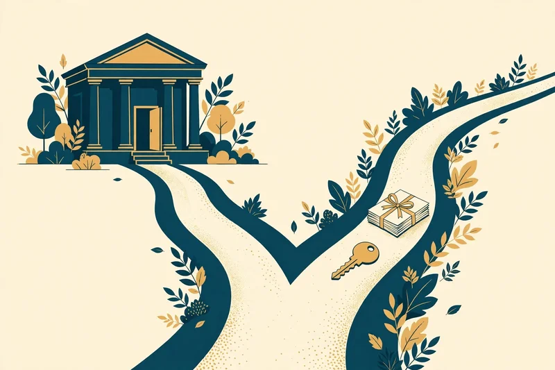 Illustration of two paths diverging, one leading through a courthouse door and one bypassing it with beneficiary documents and a house key, in deep teal and gold on pale cream