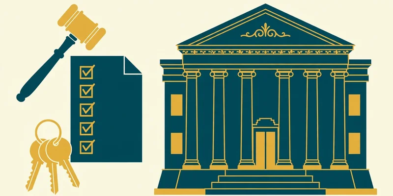 Illustration of a courthouse with a gavel, a checklist document and house keys in deep teal and gold on pale cream