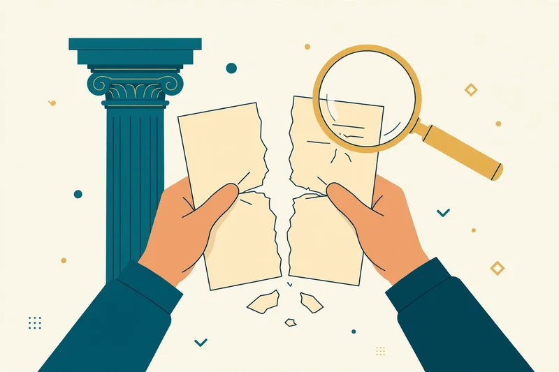 Flat fintech illustration in deep teal and gold: two hands tearing a legal document in half, a teal courthouse column behind, and a gold magnifying glass inspecting the torn pieces on a pale cream background.