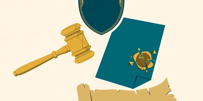 Flat fintech illustration in deep teal and gold: a golden gavel resting beside a teal legal document with a cracked revoked wax seal, a torn golden scroll, and a protective shield above on a pale cream background.